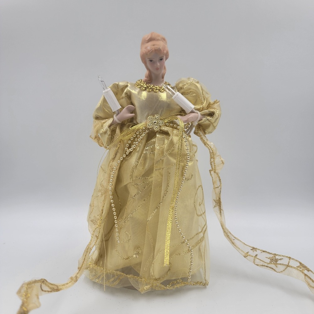 Victorian-style Light Tree Topper Porcelain Head Angel 10" Holidays Xmas Gold